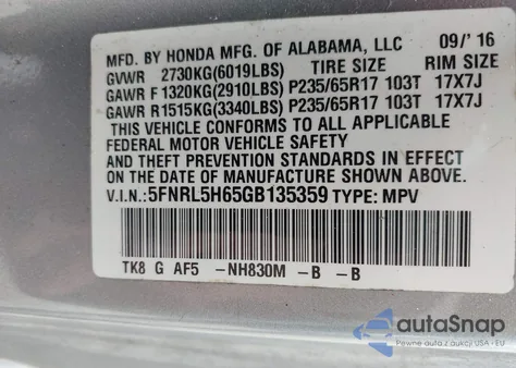 2016 Honda Odyssey Ex-L z USA, uszkodzony, nr VIN 5FNRL5H65GB135359